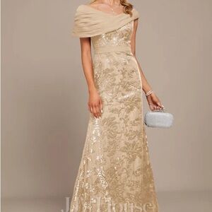 JJs House Champagne Sheath Off the Shoulder Lace Sequin Chiffon Evening Dress